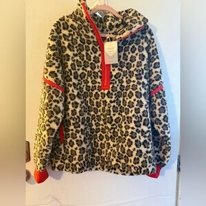 Love Yourself Pullover Cheetah Sherpa Half Zip Pullover w/Red Accents large